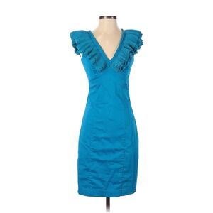 TED BAKER Blue Ruffle Dress Stretch Cotton‎ Turquoise Size 1 US 4/6